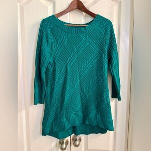 Beautiful Teal Cable-Stitch Scoop Neck Sweater w/ Subtle Shimmer